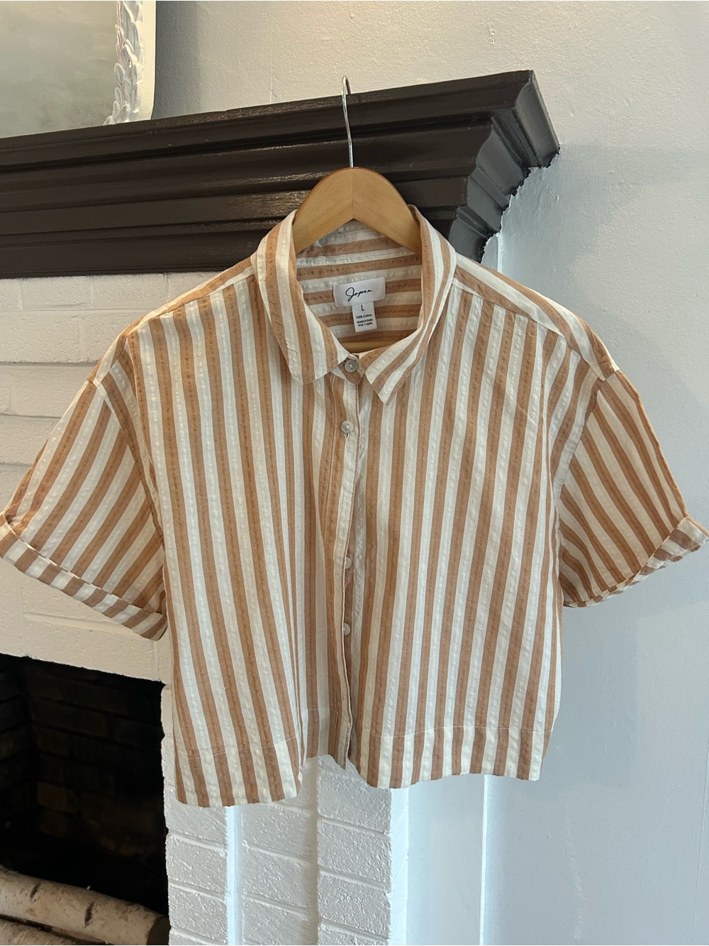 Japna Short-Sleeve Striped Button-Up Top - Cream & Tan